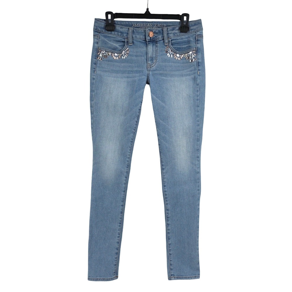 American Eagle Jeans Womens 6 Jegging Skinny Low Rise Sequin Beaded Blue Denim